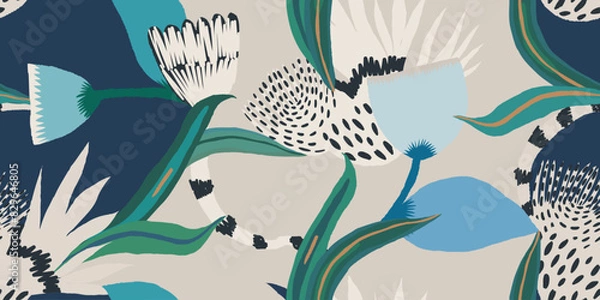 Obraz Abstract artistic hand drawn flowers print. Unique botanical collage seamless pattern. 