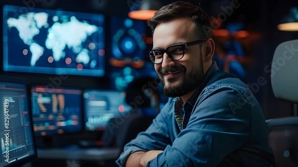 Fototapeta Focused Cybersecurity Professional Analyzing Digital Data in Workspace