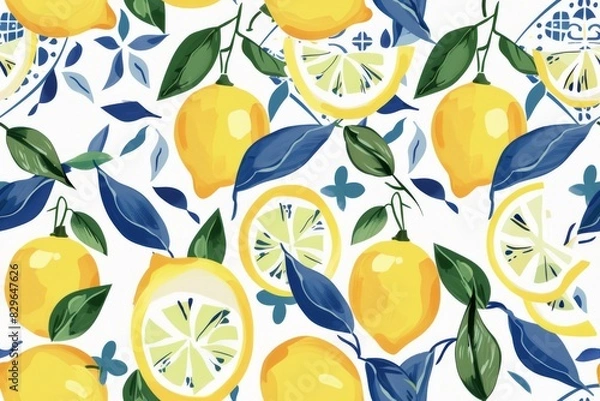 Fototapeta Seamless Pattern of Lemons with Santorini-Inspired Blue and White Tile,  Greece designs. Blue, white geometric patterns and floral motifs.for textiles, wallpapers, home decor. Mediterranean style.