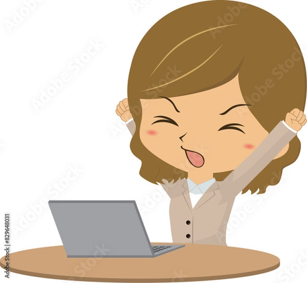 Obraz パソコンの前で伸びをする女性