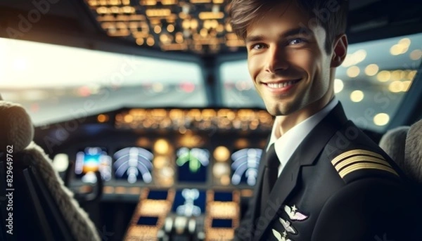 Fototapeta Smiling Pilot in Airplane Cockpit