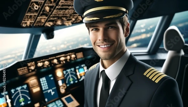 Fototapeta Smiling Airline Pilot in Cockpit