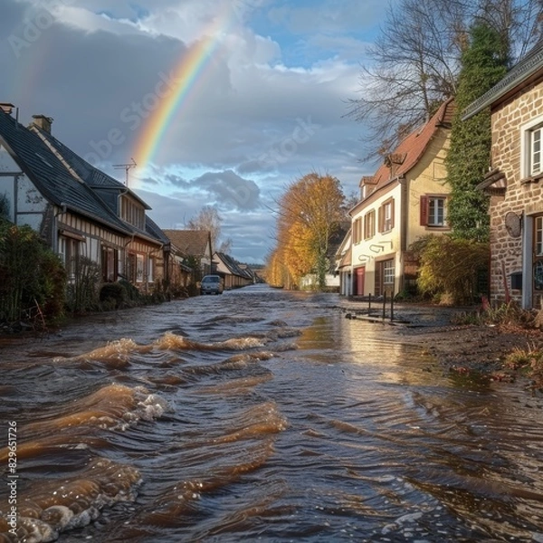 Fototapeta A peaceful yet melancholic scene captures a flooded street with quaint houses and a rainbow in the post-storm sky