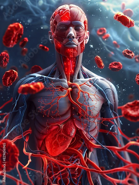 Fototapeta Illustration of a human figure showing muscles and blood vessels surrounded by red blood cells, created by artificial intelligence