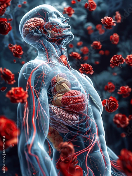 Fototapeta Illustration of a human figure showing muscles and blood vessels surrounded by red roses, created by artificial intelligence. 