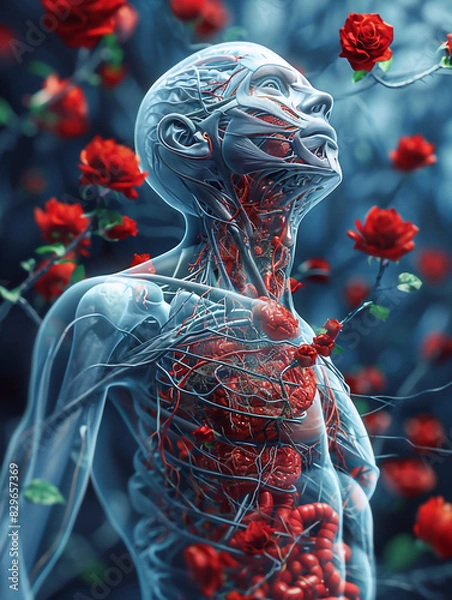 Fototapeta Illustration of a human figure showing muscles and blood vessels surrounded by red roses, created by artificial intelligence. 