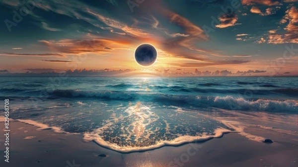 Fototapeta Solar eclipse illustration. Above the water