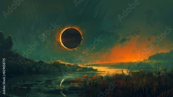 Obraz Solar eclipse illustration. Above the water
