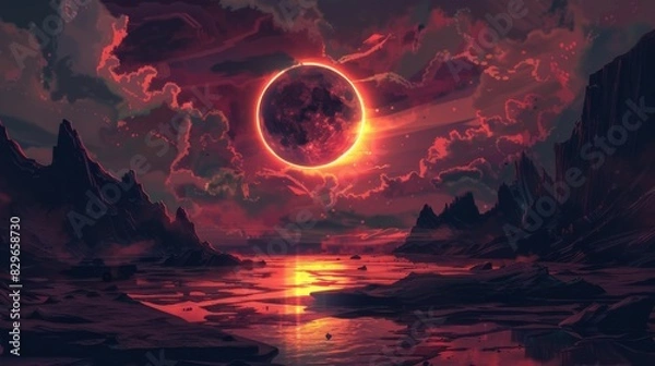Obraz Solar eclipse illustration. Above the water