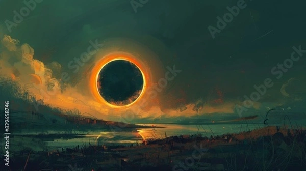 Obraz Solar eclipse illustration. Above the water