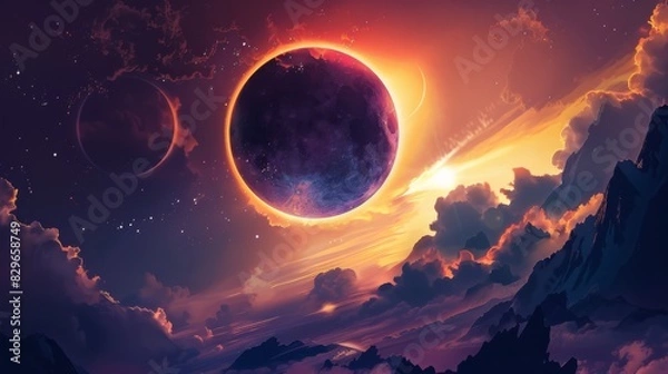 Fototapeta Solar eclipse illustration. Above the water