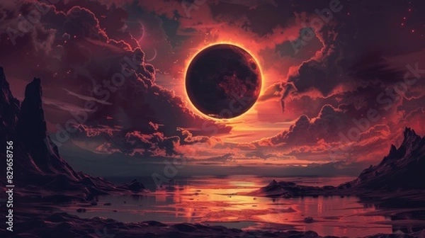 Obraz Solar eclipse illustration. Above the water