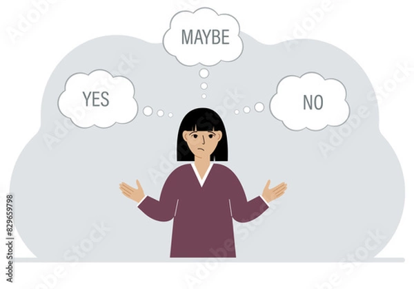 Fototapeta A woman spreads his arms to the sides and makes a choice or makes a decision. Air bubbles with text yes, no, maybe. Vector flat illustration