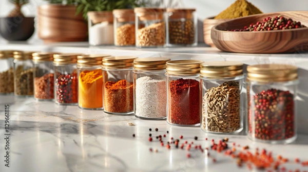 Obraz A collection of colorful spices, arranged in glass jars and labeled with elegant typography, standing out against a spotless white countertop