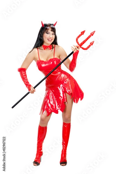 Fototapeta Sexy Red Female Devil Standing with a Trident