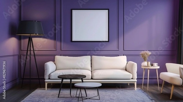 Obraz Soggiorno moderno con pareti viola, lampada da terra e tavolino nero
