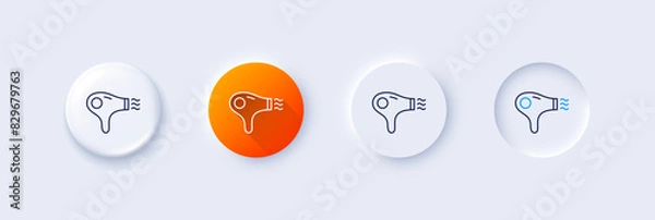 Fototapeta Hair dryer line icon. Neumorphic, Orange gradient, 3d pin buttons. Hairdryer sign. Hotel service symbol. Line icons. Neumorphic buttons with outline signs. Vector