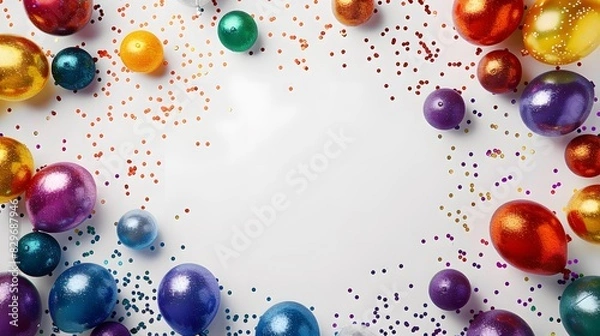 Obraz Festive anniversary celebration balloon glitter paper pieces arranged artistically on a white backdrop, providing ample space in the middle for custom text or graphics