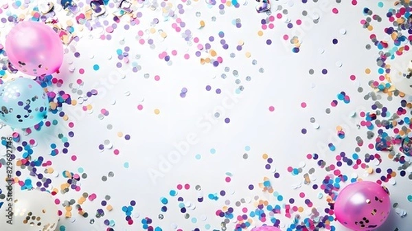 Fototapeta Sparkling anniversary celebration balloon glitter paper confetti arranged gracefully on a clean white surface, leaving an open space in the middle for customized additions