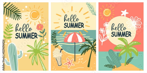 Obraz Hello summer posters set in abstract style. Creative typography vector banner. Tropical summer beach background. Card, poster, cover set. Vector flat illustration.