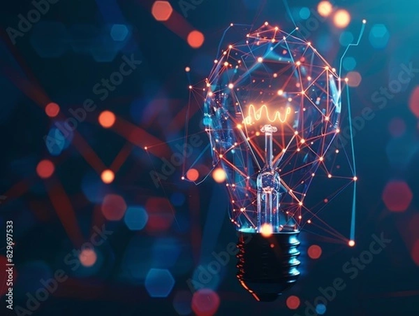 Fototapeta Futuristic glowing light bulb adorned with intricate gears inside. This image symbolizes cutting-edge technology and innovation, offering a visual representation of the complex processes at work