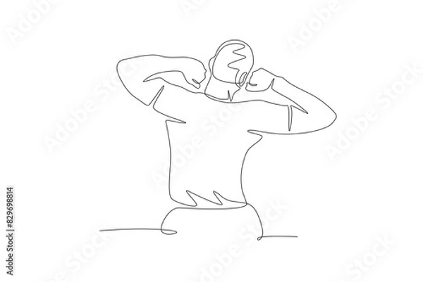 Fototapeta A man who feels refreshed when he wakes up. Waking up in the morning concept one-line drawing