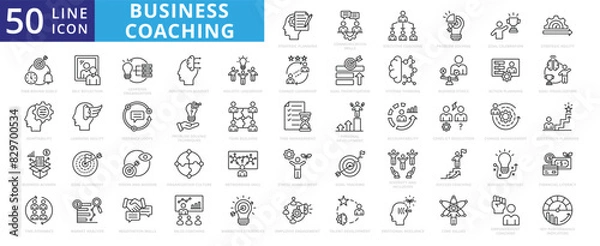 Fototapeta Business coaching icon set with communication skills, executive, solution, training, mentoring, problem solving, adaptability, business acumen, and strategic agility.