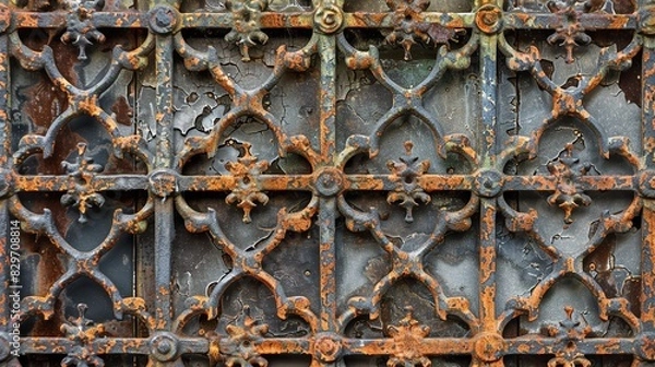 Obraz A rusted iron gate with intricate patterns, camera zooms in to detail the textured rust and patina, highlighting the contrast between decay and the enduring strength of metal