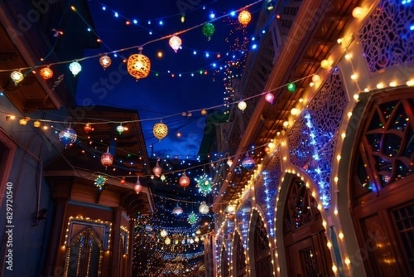 Fototapeta Decorated Homes and Streets adorned with colorful decorations and lights, evoking the festive spirit of Eid al-Adha
