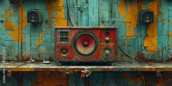 Fototapeta An antique radio rests on a wooden shelf, showcasing a piece of nostalgia in a classic setting