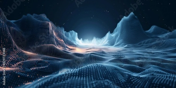 Fototapeta Computer-generated depiction of a vast mountain range with peaks, valleys, and snow-covered slopes under a blue sky