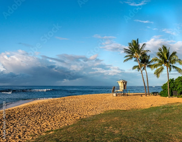 Obraz A white lifeguard shake guarding a swimming beach with coconut trees and grass by a clean blue ocean, Poipu Beach, Kauai