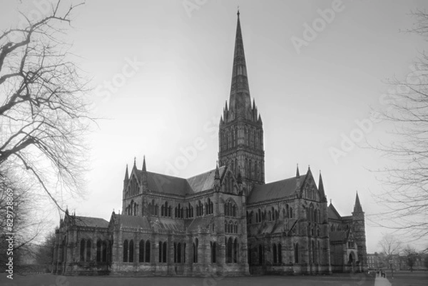 Fototapeta Iconic Salisbury Cathedral in the UK, in grayscale