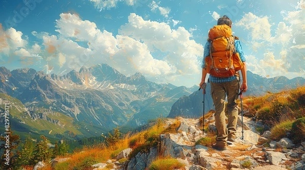 Obraz Backpacker hiking on a mountain trail with a stunning view.
