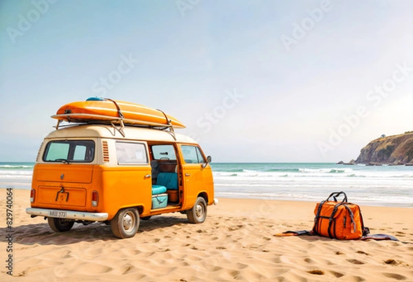 Fototapeta An orange vintage van with surfboards on the roof parked on a sandy beach with the ocean in the background