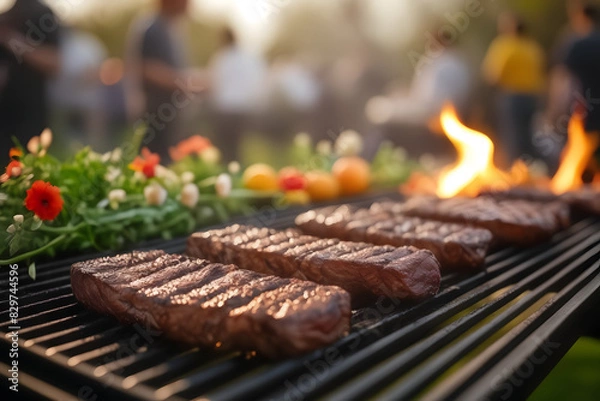 Obraz se-up of a sizzling BBQ captures the essence of a spring or summer evening celebration, with joyful people in the background