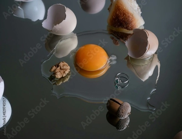 Fototapeta A broken egg lies on a kitchen counter, its golden yolk pooling amidst the clear, viscous egg white. Fragments of the broken shell are scattered around, creating a scene of delicate chaos.