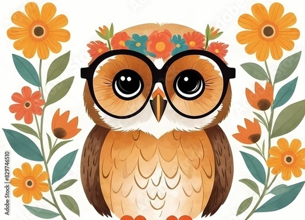 Fototapeta Cute Floral Owl Generative AI Illustration 