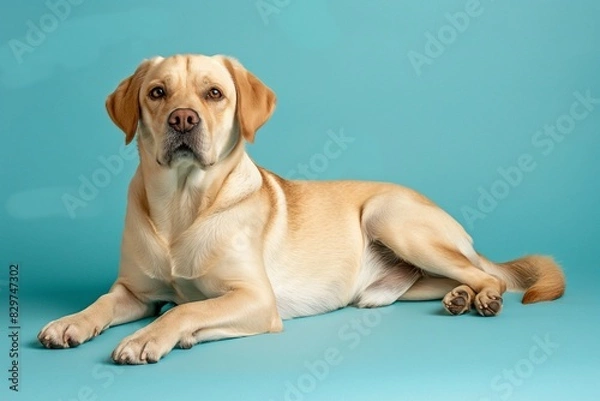Fototapeta Full body studio portrait of a beautiful dog. The dog is lying down and looking up over a background of pastel shades, radiating charm and playfulness.