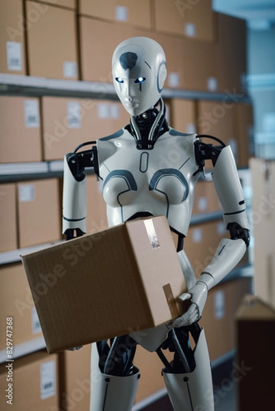 Fototapeta Efficient AI robot working in a distribution warehouse