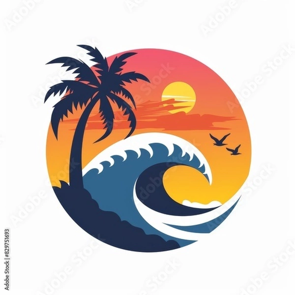 Fototapeta Sunset With Palm Tree and Wave