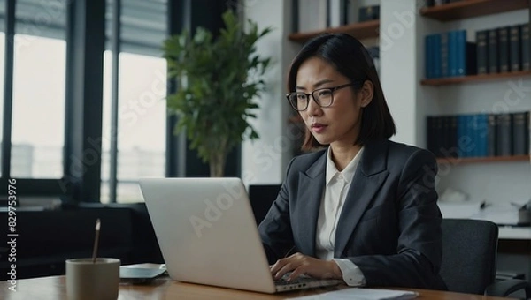 Fototapeta Asian business woman working on a laptop in a professional office