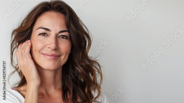 Fototapeta Portrait of a Smiling Mature Brunette with Copy Space, Woman in Her 40s or 50s, Middle Age Beauty and Confidence in Middle Age, Skincare, Lifestyle and Natural Cosmetics  Concept.