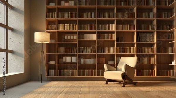 Fototapeta A minimalist living room with a large bookshelf, a comfortable armchair, and a floor lamp, creating a perfect reading nook.