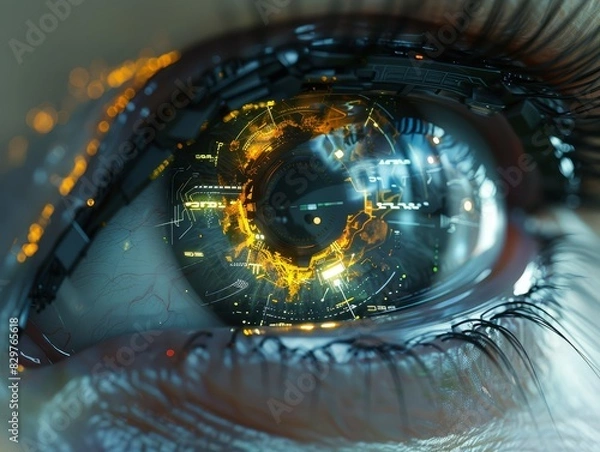 Fototapeta Visionary Technology, Nano-Tech Contact Lens Redefining Enhanced Vision and Digital Connectivity, digital data streams seamlessly integrate with the wearer's field of view.