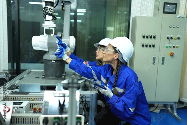 Fototapeta Engineer check and control welding robotics automatic arms machine in intelligent factory automotive industrial with monitoring system software. Digital manufacturing operation.