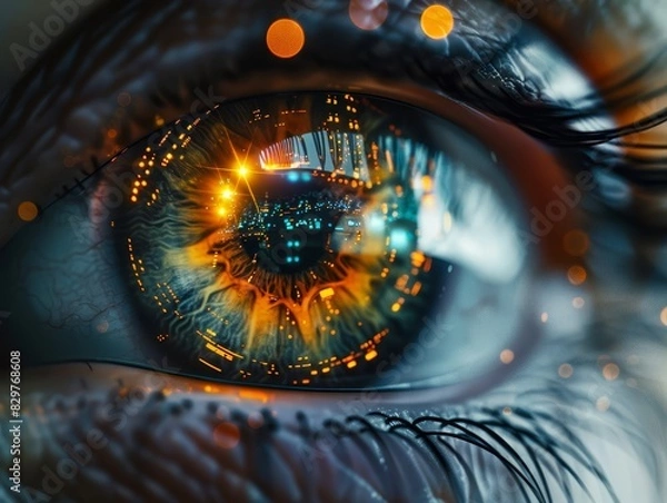 Fototapeta Visionary Technology, Nano-Tech Contact Lens Redefining Enhanced Vision and Digital Connectivity, digital data streams seamlessly integrate with the wearer's field of view.