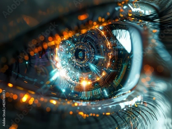 Obraz Close-up of an eye with a futuristic contact lens that enables augmented reality, seamlessly integrating digital displays for an enhanced visual experience
