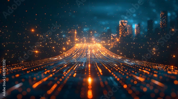 Fototapeta Abstract road leading to modern city, digitization concept virtual reality and communication