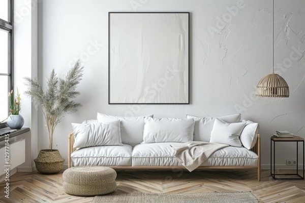 Fototapeta Frame mockup, picture the coastal breeze captured within a contemporary living space